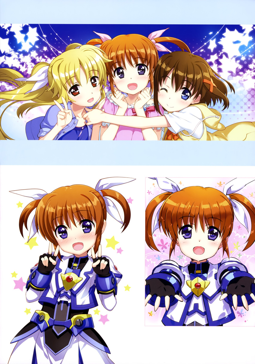 3girls :d absurdres armor black_gloves black_shirt blonde_hair blue_eyes blue_jacket blue_shirt blue_skirt blue_sky blue_sleeve_ends blush bow bowtie brooch brown_hair collarbone cropped_jacket day double_v eyebrows_visible_through_hair eyes_visible_through_hair fate_testarossa fingerless_gloves framed_image frilled_shirt frills fujima_takuya gloves hair_between_eyes hair_ornament hair_ribbon hand_holding hands_up highres hood hooded_jacket jacket jewelry juliet_sleeves light_brown_hair long_sleeves looking_at_viewer lyrical_nanoha magical_girl mahou_shoujo_lyrical_nanoha_the_movie_3rd:_reflection multiple_girls official_art one_eye_closed open_clothes open_jacket open_mouth orange_neckwear outdoors outstretched_arms patterned_background pink_ribbon pink_shirt puffy_sleeves red_brooch red_eyes ribbon scan shirt short_hair short_twintails simple_background skirt sky smile star takamachi_nanoha twintails v vest violet_eyes white_background white_frills white_jacket white_ribbon white_skirt x_hair_ornament yagami_hayate yellow_jacket yellow_vest
