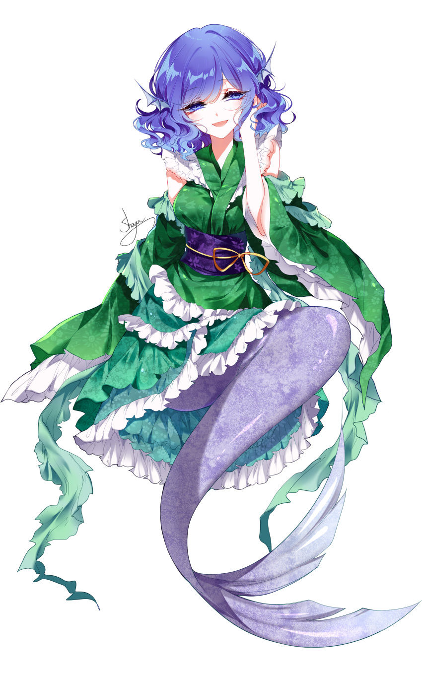 1girl :d absurdres adapted_costume artist_name bare_shoulders blue_eyes blue_hair blush breasts detached_sleeves eyebrows_visible_through_hair floral_print frilled_kimono frilled_sleeves frills full_body green_kimono hair_between_eyes hand_in_hair hand_up head_fins head_tilt highres invisible_chair japanese_clothes kimono long_sleeves looking_at_viewer medium_breasts mermaid monster_girl obi open_mouth purple_sash ribbon sash sheya short_hair signature simple_background sitting sleeves_past_fingers sleeves_past_wrists smile solo touhou wakasagihime wavy_hair white_background wide_sleeves yellow_ribbon