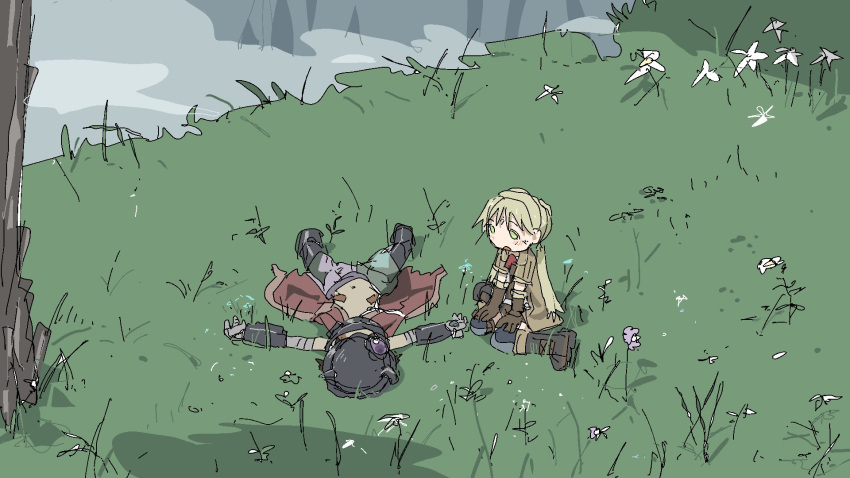 1boy 1girl android blonde_hair body_markings cape cliff dark_skin dark_skinned_male grass green_eyes helmet highres looking_at_another made_in_abyss navel open_mouth pants regu_(made_in_abyss) riko_(made_in_abyss) shirtless sitting torn_clothes tsukumizu_yuu twintails wariza