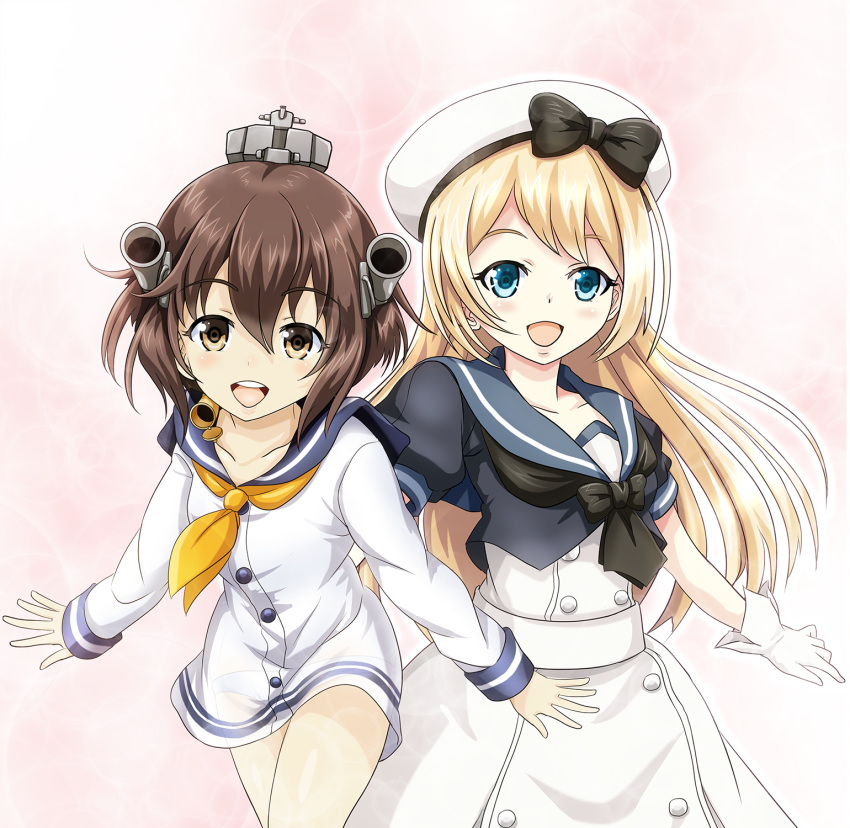 2girls blonde_hair blue_eyes blue_sailor_collar brown_eyes brown_hair commentary_request dress gloves hat headgear headset highres jervis_(kantai_collection) kantai_collection leaning_forward long_hair looking_at_viewer multiple_girls neckerchief open_mouth sailor_collar sailor_dress sailor_hat short_hair short_sleeves smile speaking_tube_headset tk8d32 trait_connection upper_teeth white_dress white_gloves white_hat yellow_neckwear yukikaze_(kantai_collection)