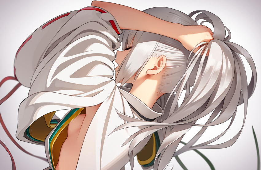1girl armpit_peek arms_up bangs breasts closed_eyes commentary_request eyebrows_visible_through_hair from_behind from_side go_robots gradient gradient_background green_ribbon grey_background highres japanese_clothes kariginu lips long_sleeves medium_hair midriff mononobe_no_futo nape no_hat no_headwear open_mouth ponytail red_ribbon ribbon ribbon-trimmed_sleeves ribbon_trim sideboob sidelocks silver_hair smile solo teeth touhou tying_hair wide_sleeves