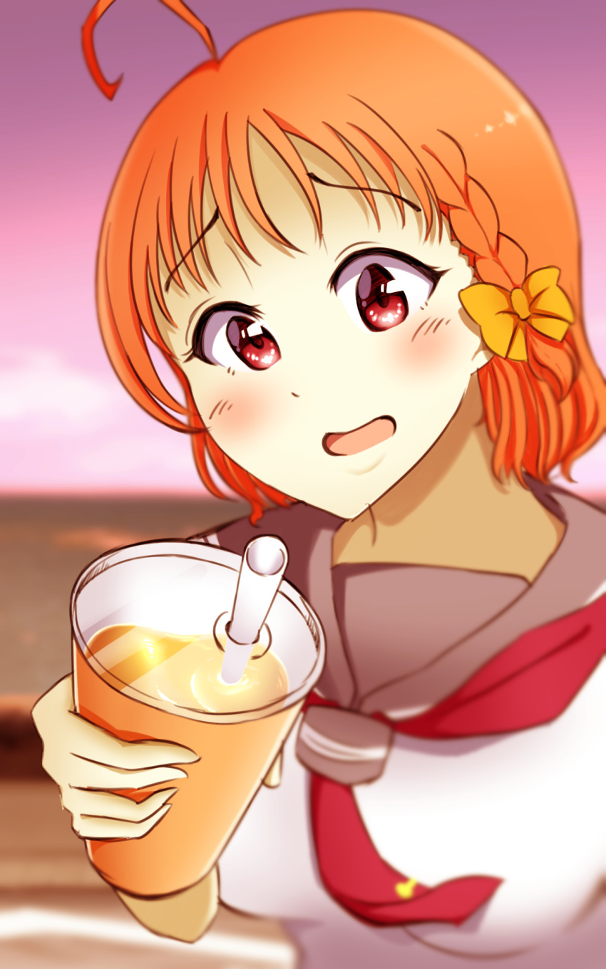 1girl ahoge blush braid cup drink hair_ribbon juice love_live! love_live!_sunshine!! orange orange_hair pana_wo pink_eyes ribbon school_uniform solo straw sunset takami_chika