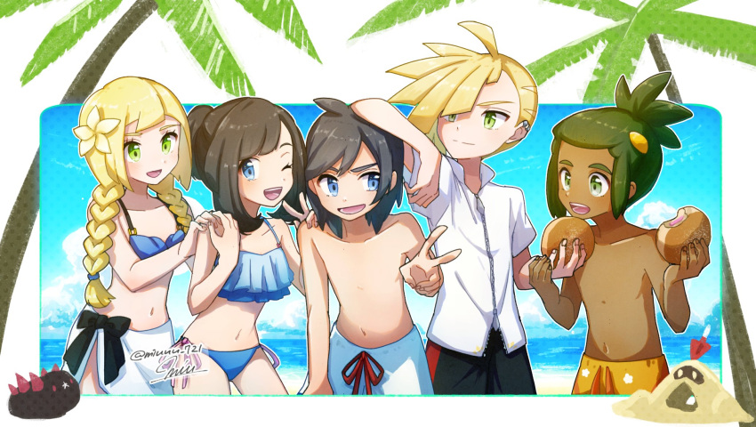 2girls 3boys alternate_hairstyle bikini black_bow black_hair blonde_hair blue_bikini blue_eyes blue_sky bow braid brother_and_sister clouds dark_skin dark_skinned_male day eating flower gen_7_pokemon gladio_(pokemon) green_eyes green_hair hair_flower hair_ornament hau_(pokemon) highres lillie_(pokemon) long_hair malasada male_swimwear midriff miu_(miuuu_721) mizuki_(pokemon) multiple_boys multiple_girls navel one_eye_closed open_mouth palm_tree pokemon pokemon_(creature) pokemon_(game) pokemon_sm ponytail pyukumuku sandygast shirt shirtless short_hair short_sleeves siblings signature sky swim_trunks swimsuit swimwear tree twin_braids twitter_username v water white_shirt you_(pokemon) zipper