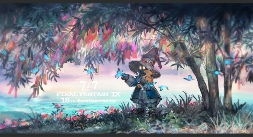 1boy animal anniversary bamboo bug butterfly chocobo copyright_name dated final_fantasy final_fantasy_ix gloves glowing glowing_eyes grass hat holding holding_animal insect jacket leaf nature puffy_pants sasumata_jirou scenery solo standing tanabata tree vivi_ornitier water