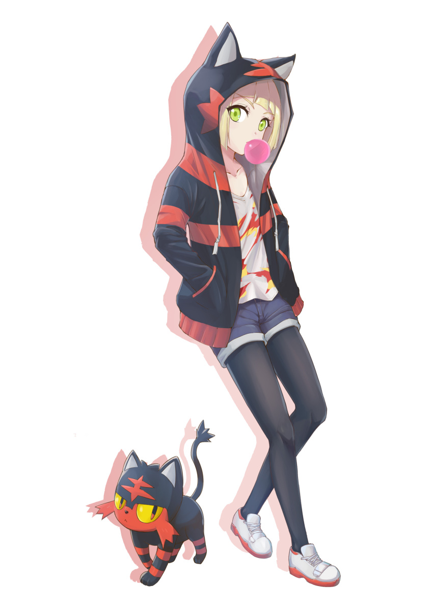 1girl absurdres aka_(440626) blonde_hair bubble_blowing chewing_gum green_eyes highres lillie_(pokemon) litten pokemon pokemon_(creature) pokemon_(game) pokemon_sm