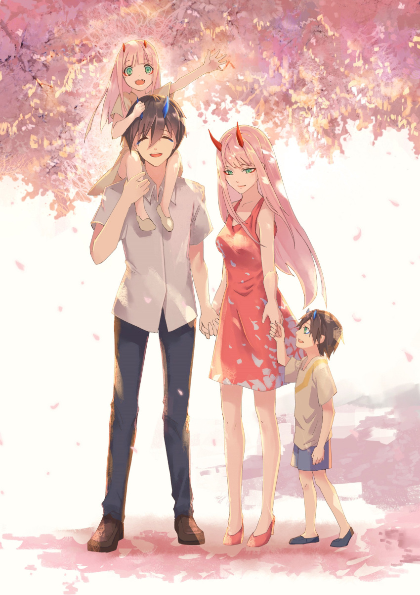 2boys 2girls absurdres bangs bare_shoulders black_hair black_pants blue_eyes blue_footwear blue_horns breasts brown_footwear cherry_blossoms child chu_dengdeng closed_eyes collarbone collared_shirt commentary_request couple darling_in_the_franxx dress eyebrows_visible_through_hair green_eyes hand_holding hand_on_another's_leg hetero high_heels highres hiro_(darling_in_the_franxx) holding horns interlocked_fingers long_hair looking_at_another medium_breasts multiple_boys multiple_girls no_socks oni_horns pants petals pink_hair red_dress red_footwear red_horns shirt short_hair short_sleeves shorts sitting sitting_on_shoulder sleeveless sleeveless_dress white_footwear white_shirt wing_collar zero_two_(darling_in_the_franxx)