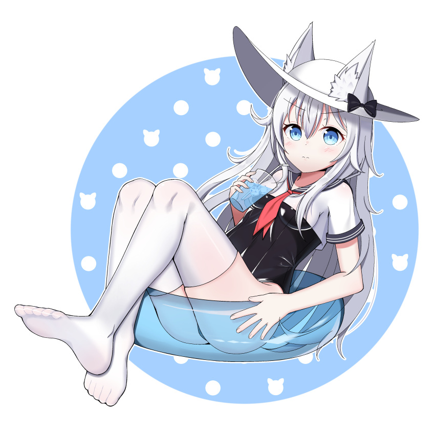 1girl absurdres animal_ears azur_lane bendy_straw black_bow black_sailor_collar black_swimsuit blue_eyes blue_innertube bow breasts cat_ears collar commentary_request cup drink drinking_glass drinking_straw ears_through_headwear fingernails hammann_(azur_lane) hat hat_bow highres holding holding_drinking_glass ice ice_cube innertube long_hair medium_breasts neckerchief no_shoes one-piece_swimsuit polka_dot red_neckwear sailor_collar school_swimsuit school_uniform see-through serafuku shirt short_sleeves silver_hair soles solo starfox1015 swimsuit swimsuit_under_clothes thigh-highs transparent very_long_hair white_background white_hat white_legwear white_shirt