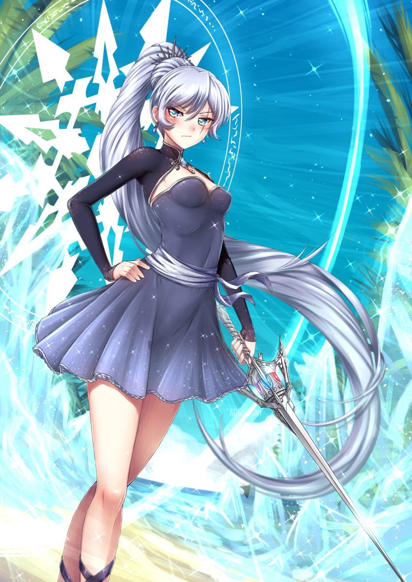 1girl adsouto bangs blue_eyes blue_sky blush breasts day dress eyebrows_visible_through_hair floating_hair hair_between_eyes hair_ornament hand_on_hip high_ponytail highres holding holding_sword holding_weapon long_hair looking_at_viewer outdoors palm_tree purple_dress rwby sash short_dress silver_hair sky sleeveless sleeveless_dress small_breasts solo sparkle standing sword tree very_long_hair weapon weiss_schnee