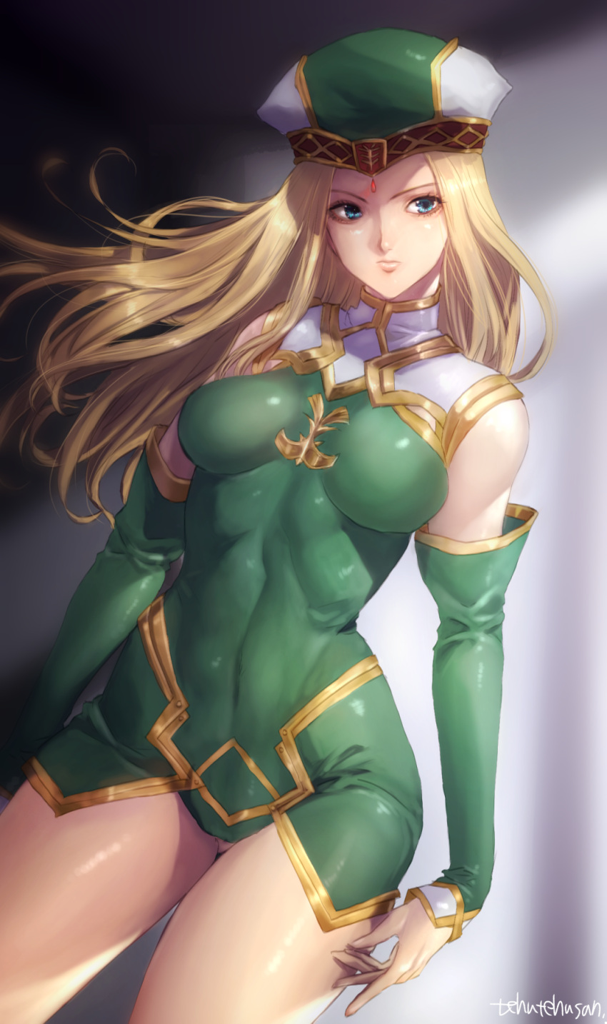 1girl artist_name blonde_hair blue_eyes breasts closed_mouth commentary_request covered_navel detached_sleeves dress erect_nipples freya_(valkyrie_profile) green_dress hat highres legs long_hair looking_to_the_side medium_breasts mellowd short_dress skin_tight thighs valkyrie_profile