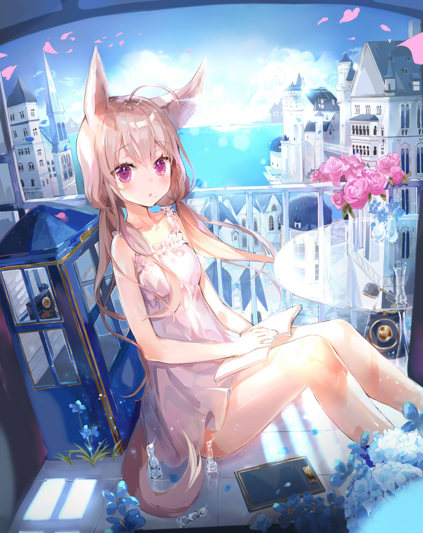 1girl :o absurdres ahoge animal_ears b_rock balcony bangs bare_arms blonde_hair blue_sky blush book breasts building chess_piece clouds commentary commission day dress english_commentary eyebrows_visible_through_hair feet_out_of_frame fence flower glass_table highres horizon knees_up long_hair looking_at_viewer low_twintails mole mole_under_mouth ocean open_book open_mouth original petals phone pink_eyes pink_flower pink_rose rose rotary_phone sitting sky sleeveless sleeveless_dress small_breasts solo sunlight table tail tears twintails vase water white_dress