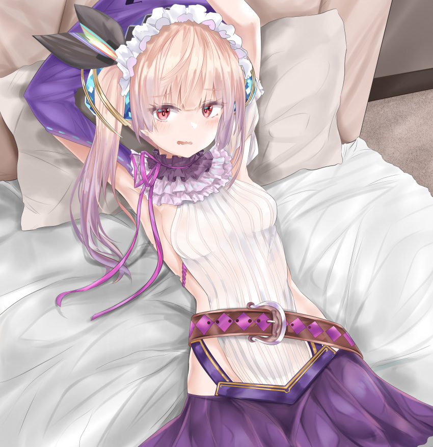 1girl absurdres armpits arms_up atelier_(series) atelier_lydie_&amp;_suelle bangs bed belt_buckle blush breasts brown_belt buckle commentary_request dress eyebrows_visible_through_hair hair_between_eyes highres indoors light_brown_hair long_hair looking_at_viewer lydie_marlen lying medium_breasts on_back on_bed parted_lips pillow pleated_skirt purple_skirt red_eyes ribbed_dress ribbon-trimmed_sleeves ribbon_trim ru_zhai side_ponytail sideboob sidelocks skirt solo wavy_mouth white_dress