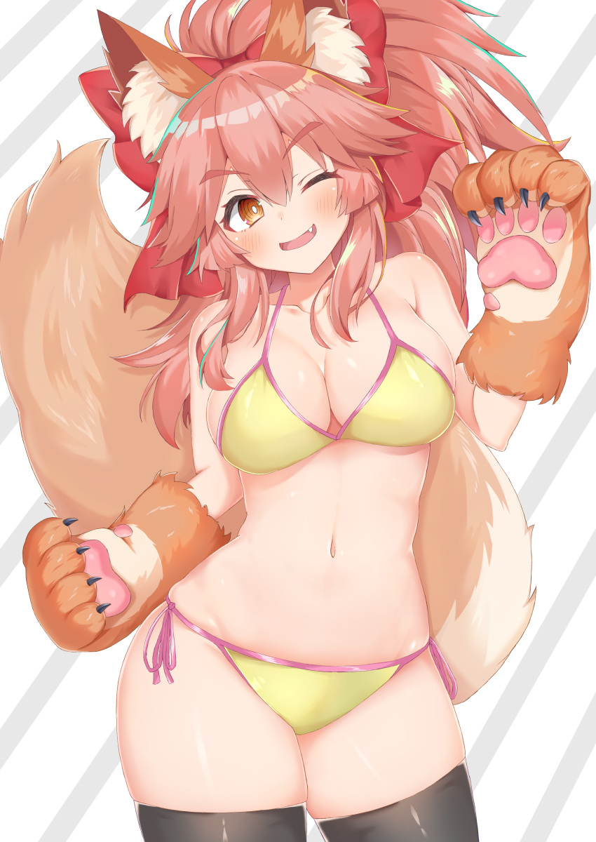 1girl absurdres alternate_costume animal_ears bare_shoulders bikini black_legwear blush breasts cat_paws cleavage collarbone commentary_request contrapposto cowboy_shot eyebrows_visible_through_hair fangs fate/grand_order fate_(series) fox_ears fox_tail gloves hair_between_eyes hair_over_shoulder hair_ribbon halterneck high_ponytail highres large_breasts looking_at_viewer messy_hair midriff navel one_eye_closed open_mouth paw_gloves paws pink_hair ribbon rokita sidelocks swimsuit tail tamamo_(fate)_(all) tamamo_cat_(fate) thick_eyebrows thigh-highs thighs yellow_bikini