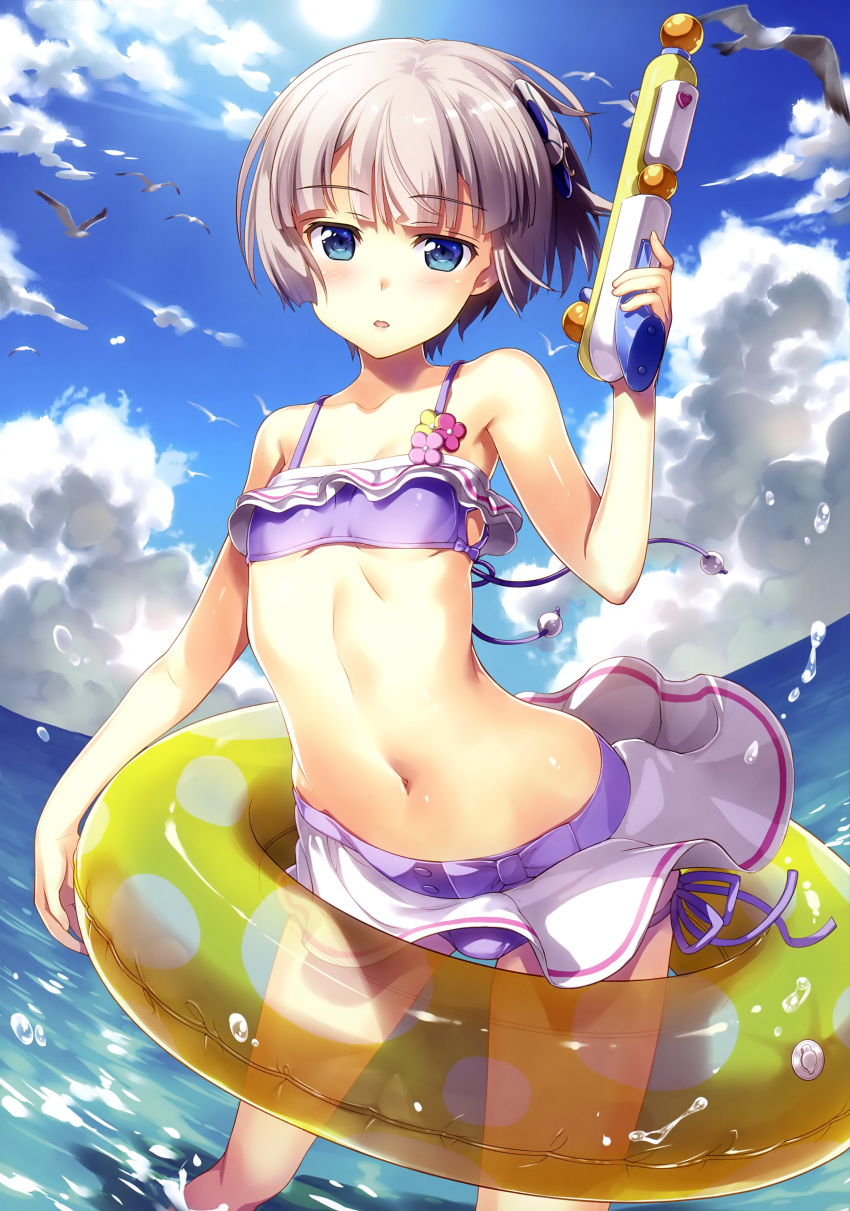 1girl absurdres arm_up bangs bare_shoulders bikini bikini_skirt bird blue_eyes blue_sky blunt_bangs blush breasts cleavage clouds cloudy_sky collarbone copyright_request day expressionless eyebrows_visible_through_hair frilled_bikini frills fujima_takuya half-closed_eyes highres holding holding_innertube holding_water_gun innertube looking_at_viewer navel official_art outdoors parted_lips pink_lips pink_stripes polka_dot_innertube purple_bikini scan seagull short_hair silver_hair single_stripe skirt sky small_breasts standing sun swimsuit tongue wading water water_gun white_frills white_skirt yellow_innertube