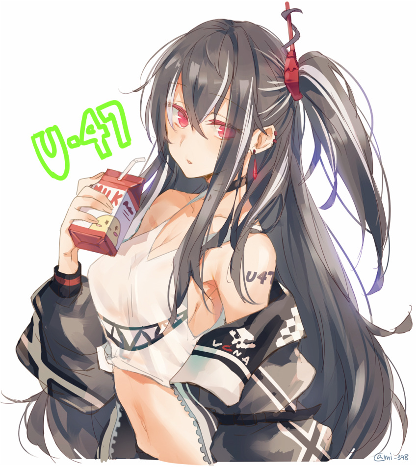 1girl azur_lane black_hair character_name earrings highres jacket jewelry long_hair looking_at_viewer mi_398 milk_carton navel off_shoulder one_side_up parted_lips red_eyes simple_background solo stomach tank_top tattoo twitter_username u-47_(azur_lane) upper_body white_background