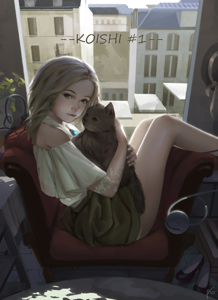 1girl absurdres backlighting bare_legs blonde_hair brick_floor brooch cat chair character_name city cropped_legs day elbow_gloves expressionless feet_out_of_frame gloves green_eyes halterneck hat hat_removed headwear_removed high_heels highres holding holding_cat indoors jewelry komeiji_koishi lips looking_at_viewer medium_hair pupil_g raglan_sleeves reclining shirt shoes_removed signature slouching solo table thick_eyebrows third_eye touhou white_shirt window