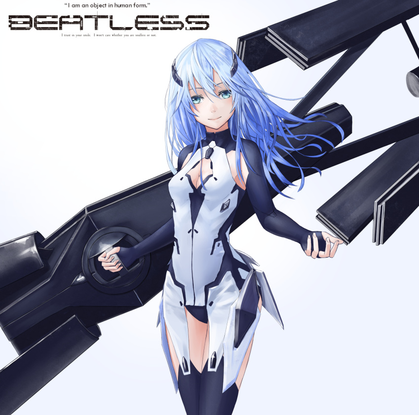 1girl beatless black_legwear blue_eyes blue_hair breasts bridal_gauntlets cleavage cleavage_cutout copyright_name fattybot floating_hair hair_between_eyes highres holding holding_weapon leicia leotard long_hair looking_at_viewer medium_breasts sketch smile solo thigh-highs weapon white_background