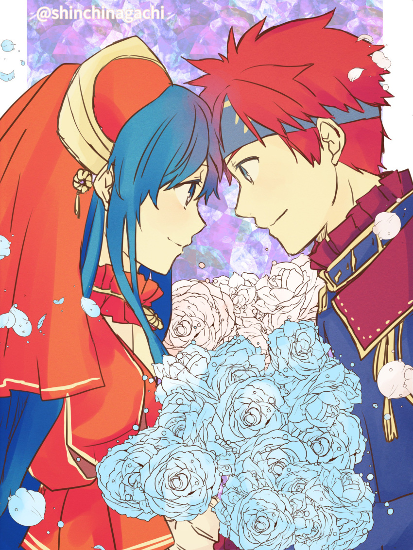 1boy 1girl absurdres blue_eyes blue_hair bridal_veil fire_emblem fire_emblem:_fuuin_no_tsurugi fire_emblem_heroes flower head_to_head headband highres lilina nishimura_(nianiamu) redhead rose roy_(fire_emblem) smile veil