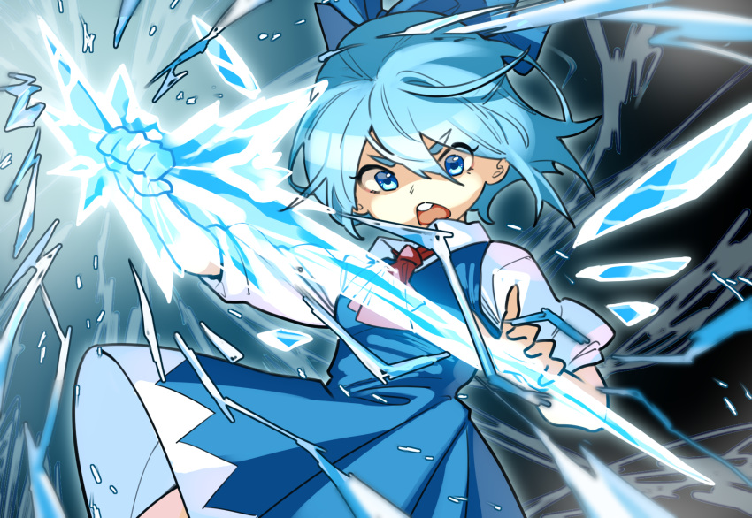 1girl blue_bow blue_dress blue_eyes blue_hair bow breasts cirno collared_shirt dress fairy frozen hair_bow highres holding holding_weapon ice ice_wings looking_down neck_ribbon open_mouth pinafore_dress puffy_short_sleeves puffy_sleeves red_ribbon ribbon shirt short_hair short_sleeves sleeveless sleeveless_dress small_breasts solo teeth touhou touhou_lost_branch_of_legend tuck upper_teeth_only weapon white_shirt wings