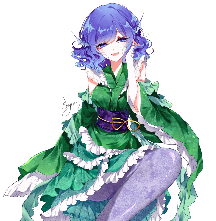 1girl :d adapted_costume artist_name bare_shoulders blue_eyes blue_hair blush breasts detached_sleeves eyebrows_visible_through_hair floral_print frilled_kimono frilled_sleeves frills full_body green_kimono hair_between_eyes hand_in_hair hand_up head_fins head_tilt highres invisible_chair japanese_clothes kimono long_sleeves looking_at_viewer medium_breasts mermaid monster_girl obi open_mouth purple_sash ribbon sash sheya short_hair signature simple_background sitting sleeves_past_fingers sleeves_past_wrists smile solo touhou wakasagihime wavy_hair white_background wide_sleeves yellow_ribbon