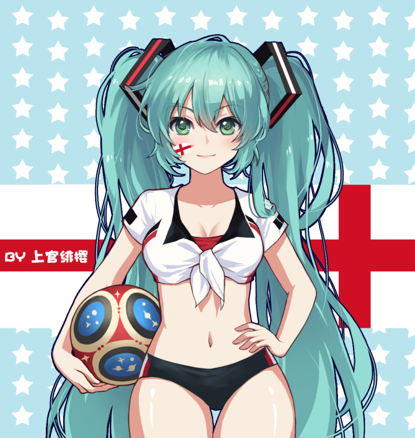 1girl 2018_fifa_world_cup alternate_costume aqua_hair ball blue_background blush breasts buruma chinese_commentary cleavage collarbone commentary cowboy_shot crop_top england english_flag eyebrows_visible_through_hair facial_tattoo front-tie_top green_eyes hair_between_eyes hand_on_hip hatsune_miku holding holding_ball long_hair looking_at_viewer medium_breasts midriff navel pink_lips shangguan_feiying shiny shiny_skin shirt short_sleeves smile soccer soccer_ball solo standing star starry_background stomach tattoo thighs tied_shirt twintails very_long_hair vocaloid white_shirt world_cup