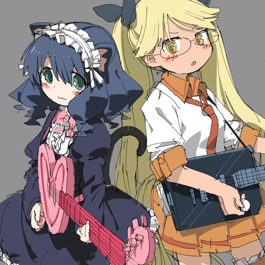 2girls :3 absurdres animal_ears back-to-back blush_stickers cat_ears cat_girl cyan_(show_by_rock!!) dark_skin electric_guitar glasses grey_background guitar highres instrument lolita_fashion long_hair looking_at_another multiple_girls plectrum retoree show_by_rock!! simple_background skirt strawberry_heart tail tsukumizu_yuu wavy_hair