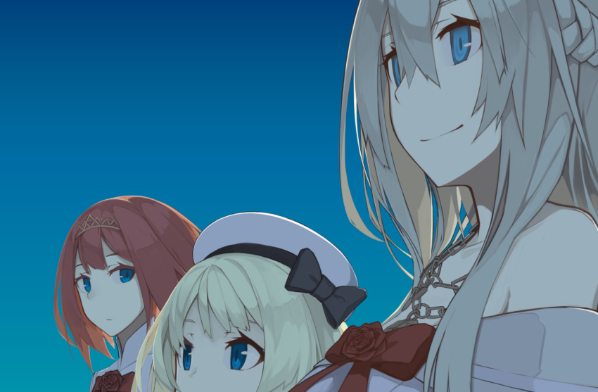 3girls ark_royal_(kantai_collection) bangs bare_shoulders blonde_hair blue_background blue_eyes braid chains commentary_request dress expressionless flower french_braid hair_between_eyes hat hat_ribbon height_difference jervis_(kantai_collection) kantai_collection looking_at_viewer looking_to_the_side mikoto_(oi_plus) multiple_girls red_flower red_rose redhead ribbon rose sailor_hat shirt sidelocks simple_background smile strapless strapless_dress thick_eyebrows tiara upper_body warspite_(kantai_collection) white_shirt