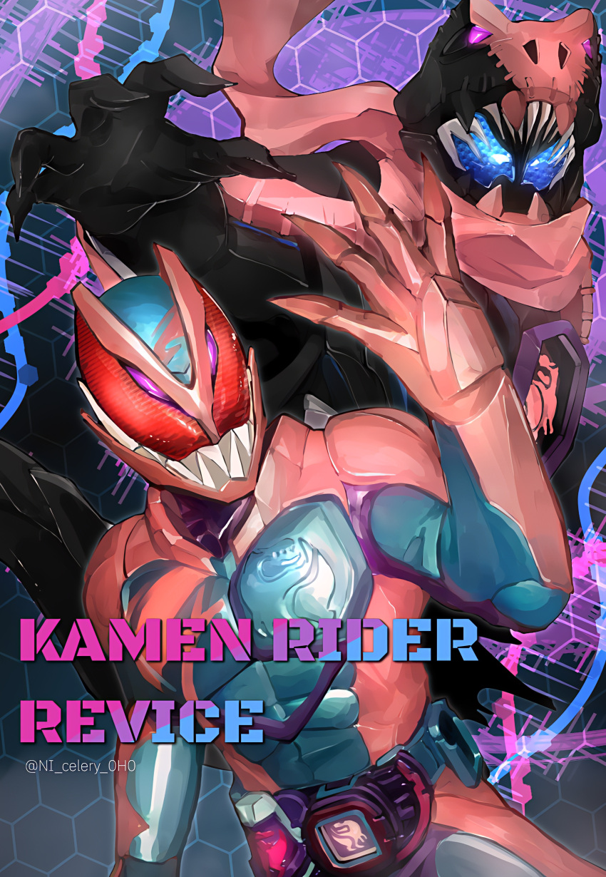 2boys absurdres black_gloves blue_eyes claws commentary compound_eyes copyright_name dna driver_(kamen_rider) gloves hand_up highres honeycomb_(pattern) honeycomb_background kamen_rider kamen_rider_revi kamen_rider_revice kamen_rider_vice multiple_boys ni_celery_pk pink_gloves pink_scarf red_eyes revice_driver rex_genome scarf sharp_teeth teeth tokusatsu twitter_username tyrannosaurus_rex upper_body vistamp