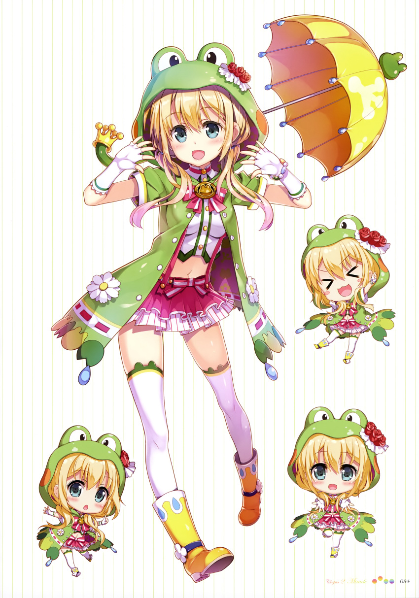 &gt;_&lt; :3 :d absurdres blonde_hair blush_stickers boots bow bowtie bracelet breasts chibi choker english eyebrows_visible_through_hair fingerless_gloves flower flower_request frog_hood fujima_takuya gloves green_jacket green_stripe hair_between_eyes highres hood hooded_jacket index_finger_raised jacket jewelry laki_station layered_skirt light_blue_eyes looking_at_viewer low_twintails medium_breasts midriff multiple_views nijikawa_laki official_art open_clothes open_hands open_jacket open_mouth outstretched_arms page_number pigeon-toed pink_choker pink_lips pink_neckwear pink_skirt pleated_skirt print_legwear raindrop_print red_flower ribbon-trimmed_clothes ribbon_trim rose scan shirt single_stripe skindentation skirt smile standing standing_on_one_leg striped striped_background striped_neckwear suspender_skirt suspenders thigh-highs twintails umbrella vertical-striped_background vertical-striped_skirt vertical_stripes white_flower white_gloves white_legwear white_shirt white_skirt white_stripes x3 yellow_footwear yellow_umbrella zettai_ryouiki