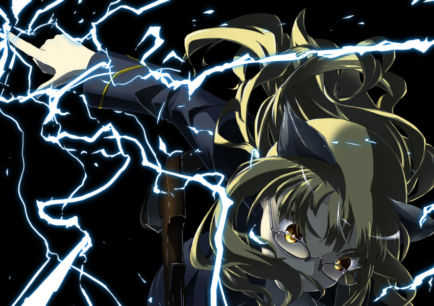 1girl action animal_ears bangs black-framed_eyewear black_background blonde_hair cat_ears commentary_request covered_mouth flying french_commentary glasses gun kaya_(nari1-24) lightning long_hair machine_gun partial_commentary perrine_h_clostermann solo strike_witches weapon wind world_witches_series yellow_eyes
