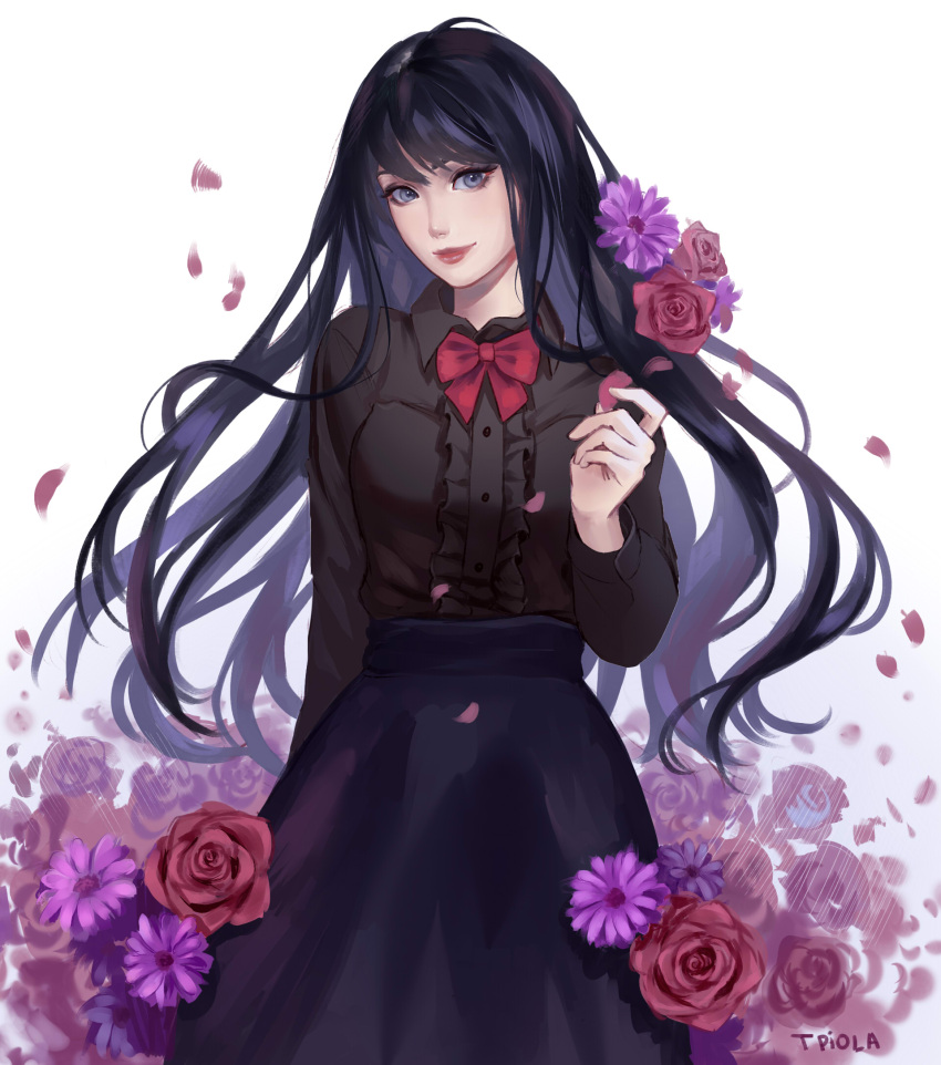 1girl artist_name bangs black_shirt black_skirt bow collared_shirt flower frilled_shirt frills grey_eyes highres long_hair long_skirt long_sleeves looking_at_viewer original petals purple_flower red_bow red_flower red_lips red_rose rose shirt skirt smile solo tpiola very_long_hair