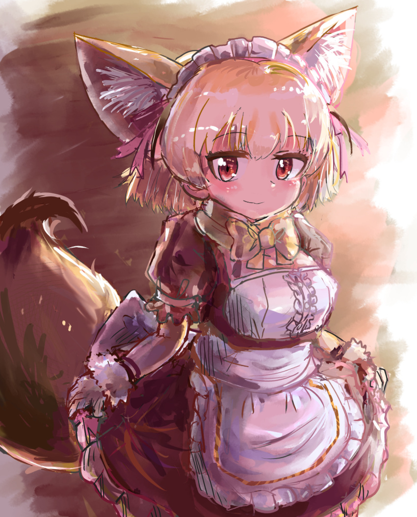 1girl animal_ears apron blonde_hair blush bow bowtie brown_eyes curtsey extra_ears eyebrows_visible_through_hair fennec_(kemono_friends) fox_ears fox_tail fur_trim gloves hair_ribbon highres kemono_friends looking_at_viewer maid maid_apron maid_headdress pink_ribbon ribbon shiitake_fuumi short_sleeves smile solo tail yellow_neckwear