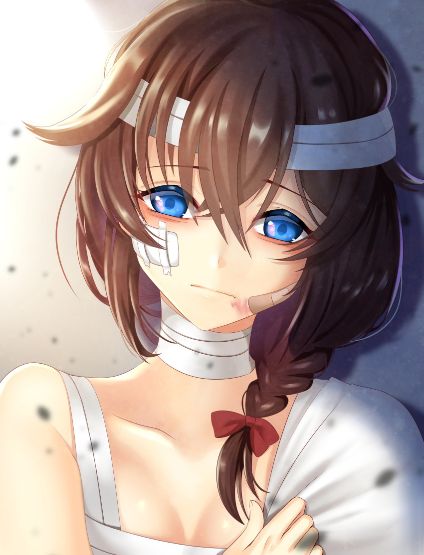 1girl absurdres awasete0 bandage bandaged_head bandaged_neck bandaid bandaid_on_cheek bandaid_on_face blue_eyes bow braid brown_hair commentary_request face hair_bow highres injury kantai_collection long_hair shigure_(kantai_collection) solo