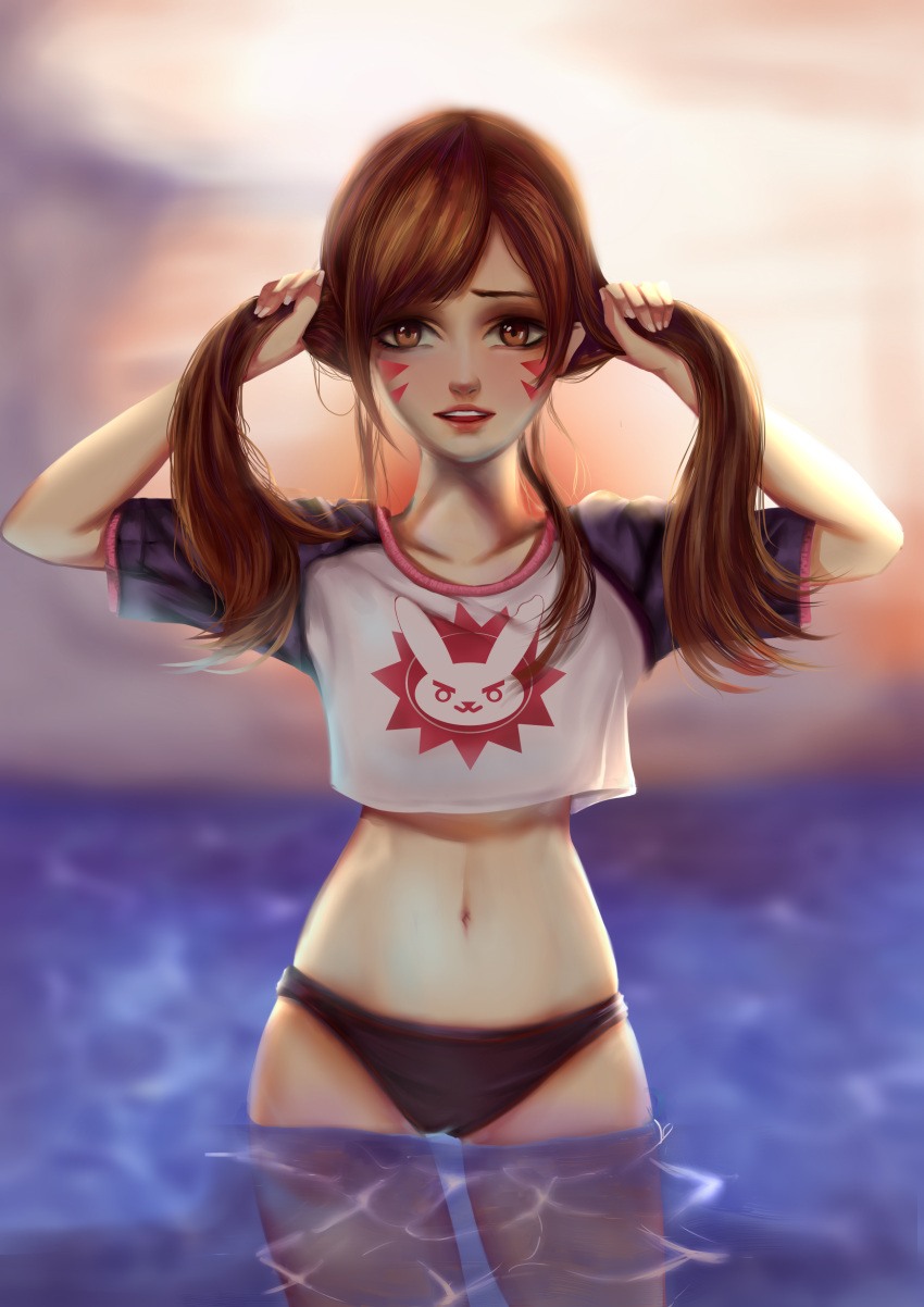 1girl absurdres alternate_hairstyle animal_print backlighting black_panties brown_eyes brown_hair bunching_hair bunny_print crop_top d.va_(overwatch) flat_chest highres holding holding_hair lips long_hair looking_at_viewer navel overwatch panties parted_lips partially_submerged raglan_sleeves solo twintails underwear wading water whisker_markings yafura