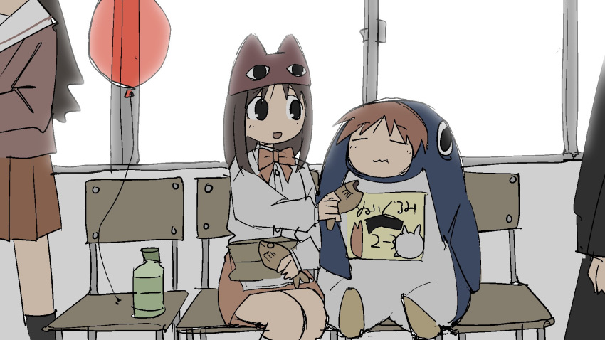 3girls animal_costume animal_hat azumanga_daioh cat_hat chair closed_eyes feeding hat highres indoors kasuga_ayumu long_sleeves looking_at_another medium_hair mihama_chiyo multiple_girls orange_hair penguin_costume pleated_skirt school_festival school_uniform skirt smile thighs tsukumizu_yuu window