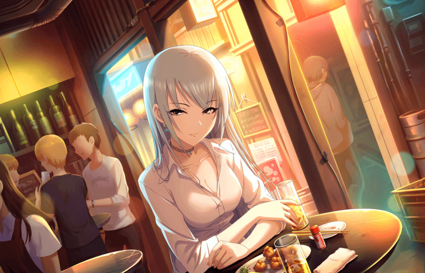 2girls 4boys breasts brown_eyes cleavage drink earrings faceless faceless_male food grey_hair idolmaster idolmaster_cinderella_girls idolmaster_cinderella_girls_starlight_stage jewelry long_hair multiple_boys multiple_girls official_art shirt short_hair takamine_noa white_shirt