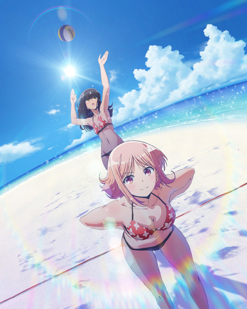 2girls absurdres arms_behind_back arms_up beach bikini black_bikini_bottom black_hair blue_sky breasts cleavage clouds day eyebrows_visible_through_hair floral_print harukana_receive highres lens_flare light_brown_hair looking_at_viewer medium_breasts multiple_girls navel ocean official_art open_mouth outdoors sand sky small_breasts smile swimsuit tachibana_ayasa thigh_gap tooi_narumi volleyball yellow_eyes
