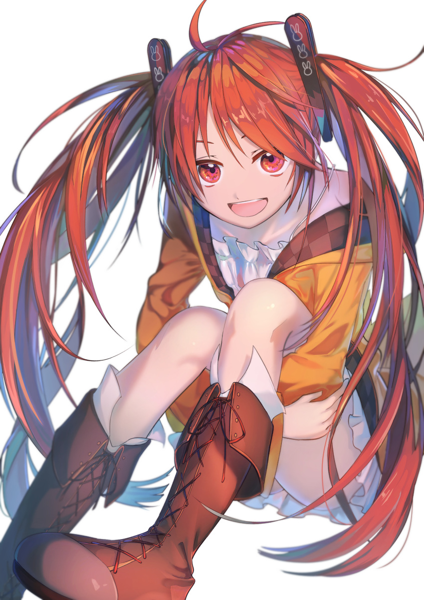 1girl absurdres aihara_enju black_bullet boots commentary hair_ornament highres hikari50503 jacket long_hair looking_at_viewer open_mouth orange_hair red_eyes sitting smile solo twintails white_background
