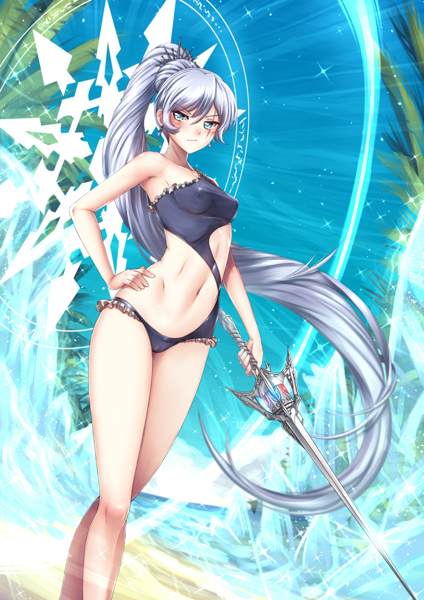 1girl adsouto bangs blue_sky blush breasts casual_one-piece_swimsuit collarbone covered_navel day eyebrows_visible_through_hair floating_hair frilled_swimsuit frills hair_between_eyes hair_ornament hand_on_hip high_ponytail highres holding holding_sword holding_weapon long_hair looking_at_viewer midriff navel one-piece_swimsuit outdoors palm_tree purple_swimsuit revealing_clothes rwby scar scar_across_eye sideboob silver_hair sky small_breasts solo sparkle standing stomach swimsuit sword tree very_long_hair weapon weiss_schnee