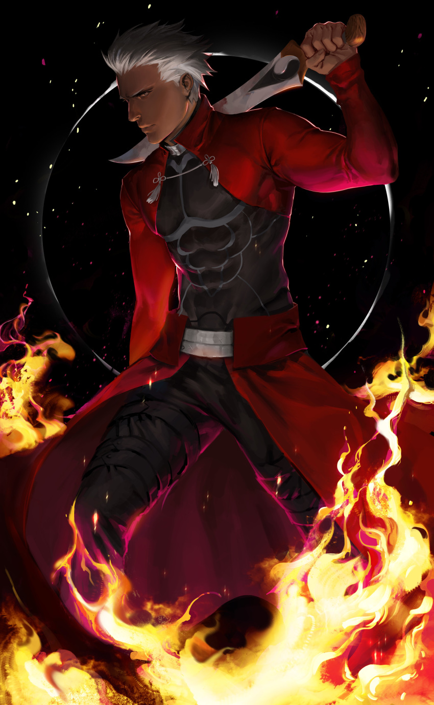 1boy absurdres archer arucelli bodysuit coattails dark_skin dark_skinned_male fate/stay_night fate_(series) fire grey_eyes highres kanshou_&amp;_bakuya lips male_focus manly nose short_hair skin_tight solo unlimited_blade_works white_hair