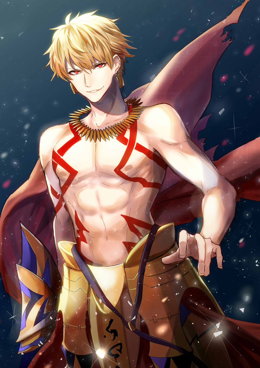 1boy absurdres armor blonde_hair collarbone ea_(fate/stay_night) earrings eyebrows_visible_through_hair fate_(series) gilgamesh hair_between_eyes highres jewelry looking_at_viewer parted_lips red_eyes smile solo standing tarao_(13raven) topless