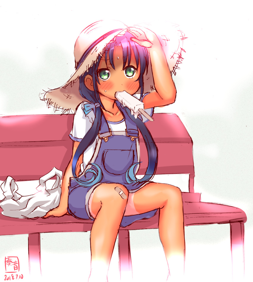 1girl alternate_costume artist_logo bag bench blue_hair blue_ribbon casual commentary_request dated food green_eyes hair_ribbon hat highres kanon_(kurogane_knights) kantai_collection long_hair low_twintails mouth_hold overalls plastic_bag popsicle ribbon sitting solo straw_hat sun_hat suzukaze_(kantai_collection) tan tanline twintails white_background