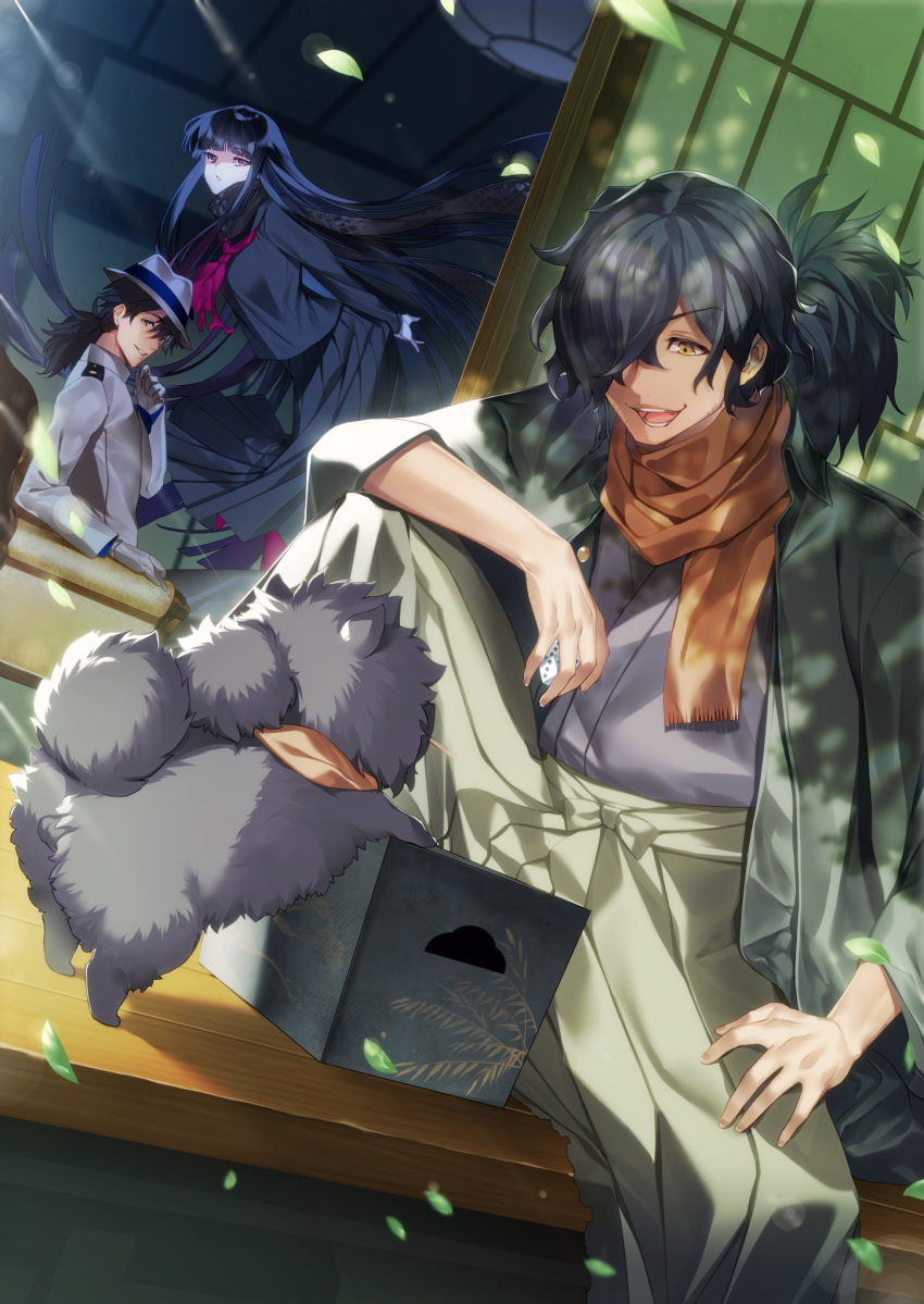 1girl 2boys :d animal armchair arms_behind_back bangs black_hair black_scarf black_shirt black_skirt brown_eyes brown_scarf chair commentary_request day dice dog eyebrows_visible_through_hair fate/grand_order fate_(series) fingernails fringe gloves grey_kimono hair_over_one_eye hamada_pochiwo hat highres holding jacket japanese_clothes kimono koha-ace leaf leaves_in_wind long_hair long_sleeves low_ponytail multiple_boys okada_izou_(fate) open_mouth oryou_(fate) outdoors pantyhose parted_lips pink_legwear pleated_skirt ponytail red_eyes sakamoto_ryouma_(fate) scarf shirt sitting skirt smile v-shaped_eyebrows very_long_hair white_gloves white_hat white_jacket wide_sleeves