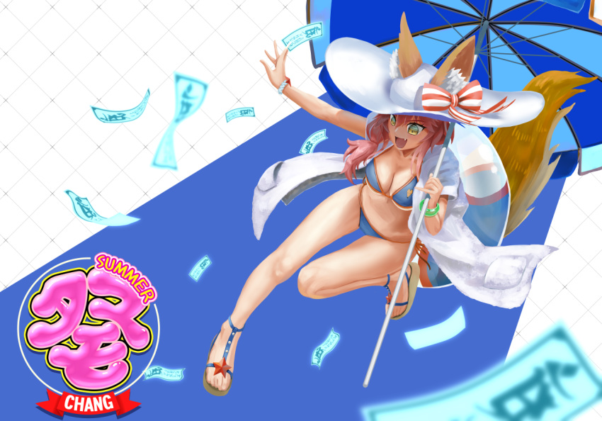 1girl abazu-red animal_ears beach_umbrella bikini blue_bikini blurry blurry_foreground bow breasts cleavage coat commentary_request depth_of_field ears_through_headwear english fang fate/extra fate/grand_order fate_(series) fox_ears fox_tail hat hat_bow holding holding_umbrella kanji leg_up long_hair medium_breasts ofuda open_clothes open_coat open_mouth pink_hair red_neckwear sandals smile solo standing standing_on_one_leg striped striped_bow sun_hat swimsuit tail tamamo_(fate)_(all) tamamo_no_mae_(fate) umbrella white_coat white_hat wristband yellow_eyes