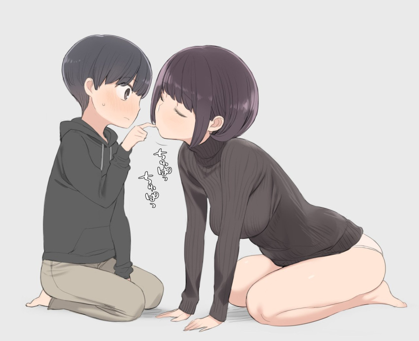 1boy 1girl age_difference all_fours barefoot black_eyes black_hair black_sweater blush breasts closed_eyes closed_mouth eyebrows_visible_through_hair finger_sucking full_body grey_background hetero legs long_sleeves looking_at_another medium_breasts nora_higuma original panties purple_hair short_hair simple_background sitting skindentation sweater thighs turtleneck turtleneck_sweater underwear wariza white_panties