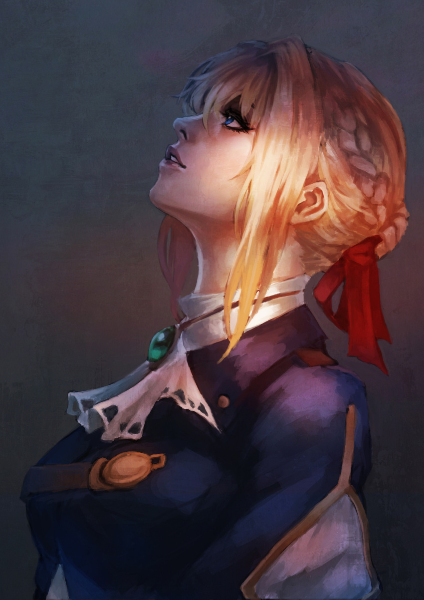 1girl absurdres blonde_hair blue_eyes blue_jacket braid breasts brooch eyelashes french_braid from_side hair_intakes hair_ribbon highres jacket jewelry lips looking_up makeup mascara monori_rogue nose red_ribbon ribbon short_hair solo violet_evergarden violet_evergarden_(character) white_neckwear