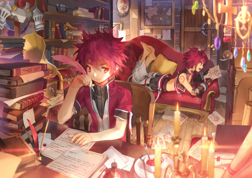 2boys book bookshelf candle chair couch cross cup elsword elsword_(character) gem highres letter lord_knight_(elsword) map multiple_boys music_box paper quill red_eyes redhead rune_slayer_(elsword) runes scorpion5050 shoulder_armor tattoo tea teacup