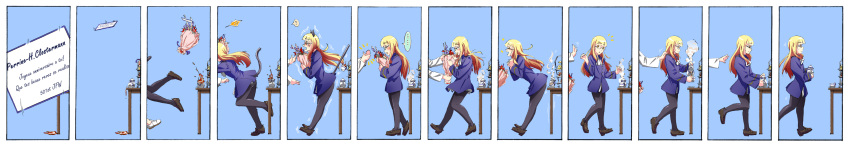 !? ... 1girl 501st_joint_fighter_wing ? absurdres animal_ears bangs black_footwear black_legwear blonde_hair blue_background blue_jacket blunt_bangs blush bouquet cat_ears cat_tail character_name check_translation clapping closed_mouth comic commentary_request cup flower french glasses hand_on_another's_shoulder hands_together heart highres hip_attack holding holding_bouquet jacket kaya_(nari1-24) leaning_forward loafers long_hair long_image long_sleeves military military_uniform motion_blur motion_lines notice_lines open_mouth out_of_frame pantyhose perrine_h_clostermann pouring right-to-left_comic shoes smile sparkle spilling spoken_ellipsis spoken_interrobang spoken_question_mark steam strike_witches table tail tea teacup teapot tiered_tray translation_request trembling uniform walking wide_image world_witches_series