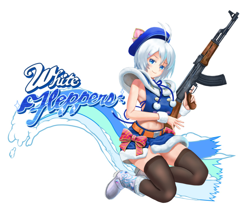 1girl ;) abazu-red ak-47 antenna_hair assault_rifle beret black_legwear blue_eyes blue_hat blue_shirt blue_skirt bow brown_belt dennou_shoujo_youtuber_shiro diagonal_stripes english fur-trimmed_boots fur-trimmed_skirt fur_trim gun hair_ornament hat looking_at_viewer midriff one_eye_closed print_footwear red_bow rifle shiro_(dennou_shoujo_youtuber_shiro) shirt short_hair shoulder_pads side_slit sitting skirt sleeveless sleeveless_shirt smile solo striped trigger_discipline virtual_youtuber weapon white_footwear white_hair wristband x_hair_ornament yokozuwari