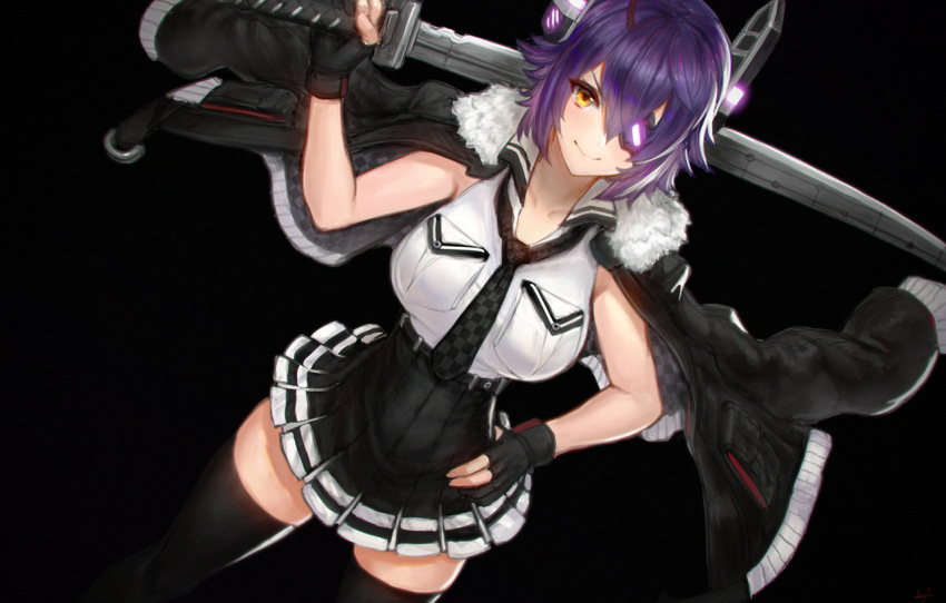 1girl black_background black_coat black_gloves black_legwear black_skirt blush breasts checkered checkered_neckwear cowboy_shot dutch_angle edward_montenegro eyepatch fur-trimmed_jacket fur_trim gloves hand_on_hip headgear holding holding_sword holding_weapon jacket jacket_on_shoulders kantai_collection large_breasts looking_at_viewer necktie partly_fingerless_gloves pleated_skirt pocket purple_hair remodel_(kantai_collection) shirt skirt sleeveless sleeveless_shirt smile solo sword tenryuu_(kantai_collection) thigh-highs thighs weapon yellow_eyes