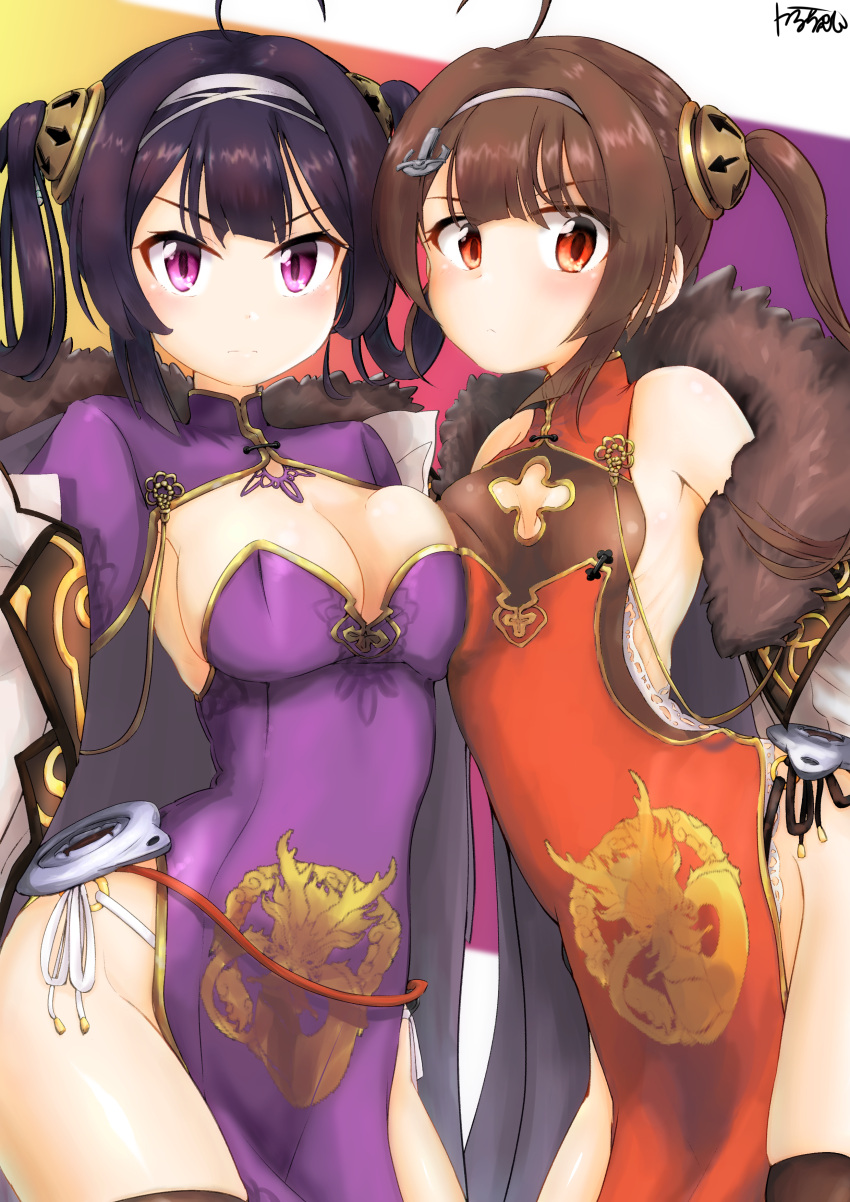 2girls absurdres ahoge anchor_hair_ornament asymmetrical_docking azur_lane bangs black_panties blush breast_press breasts brown_hair cleavage cleavage_cutout closed_mouth commentary_request dress eyebrows_visible_through_hair fur-trimmed_jacket fur_trim hair_between_eyes hair_ornament hairband hairpods highres jacket karu_(ricardo_2628) long_hair long_sleeves looking_at_viewer medium_breasts multiple_girls ning_hai_(azur_lane) o-ring o-ring_bottom o-ring_panties off_shoulder panties pelvic_curtain ping_hai_(azur_lane) puffy_long_sleeves puffy_sleeves purple_dress purple_hair red_dress red_eyes short_sleeves side-tie_panties sidelocks signature sleeveless sleeveless_dress small_breasts twintails underwear v-shaped_eyebrows violet_eyes white_hairband white_jacket white_panties